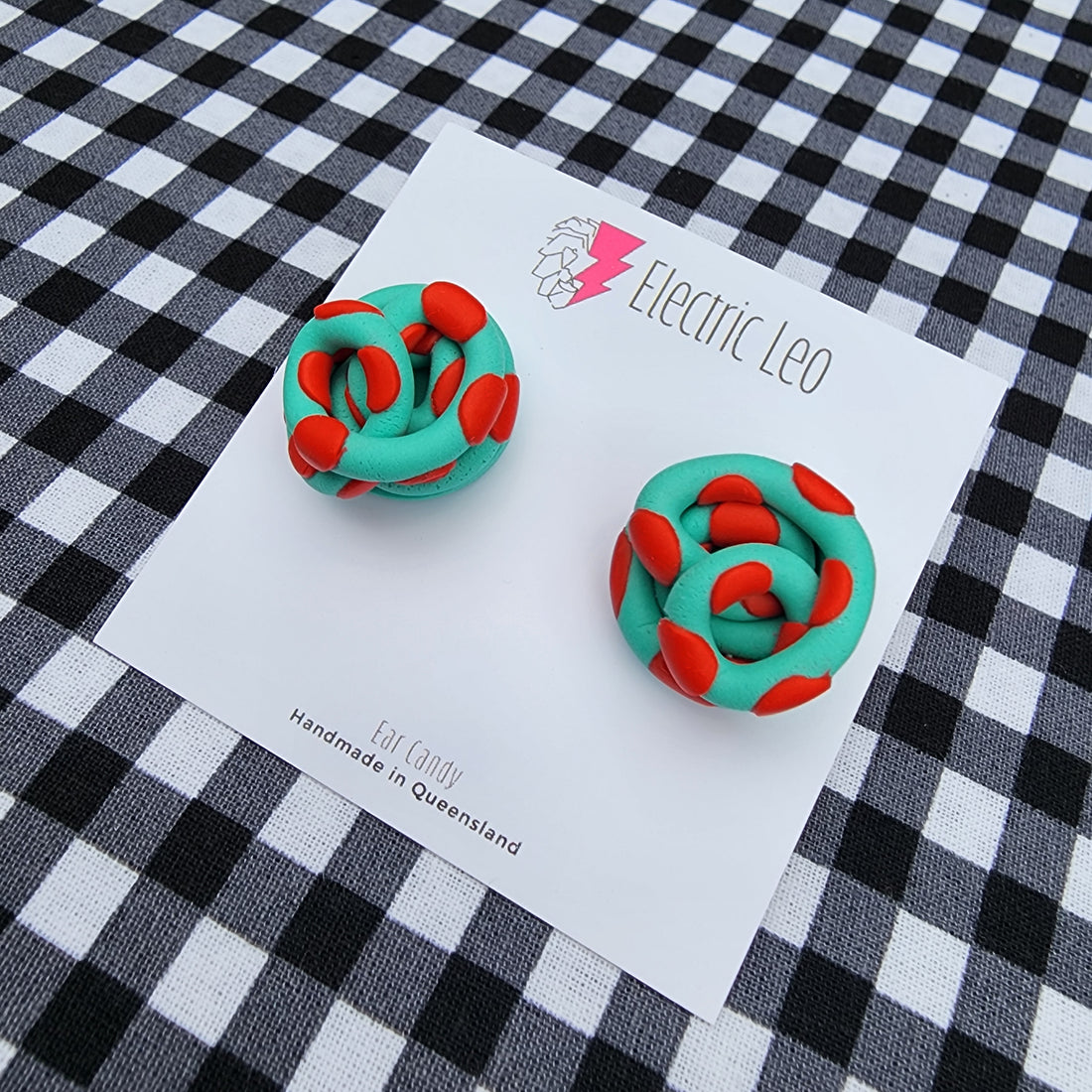 Sea Green and Red Chunky Polka Squiggle Studs