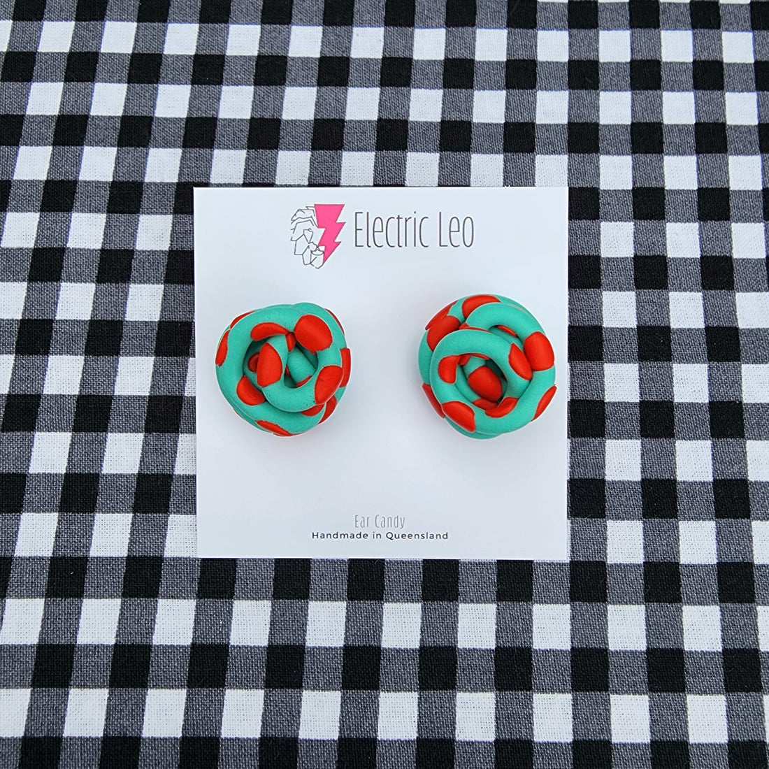 Sea Green and Red Chunky Polka Squiggle Studs