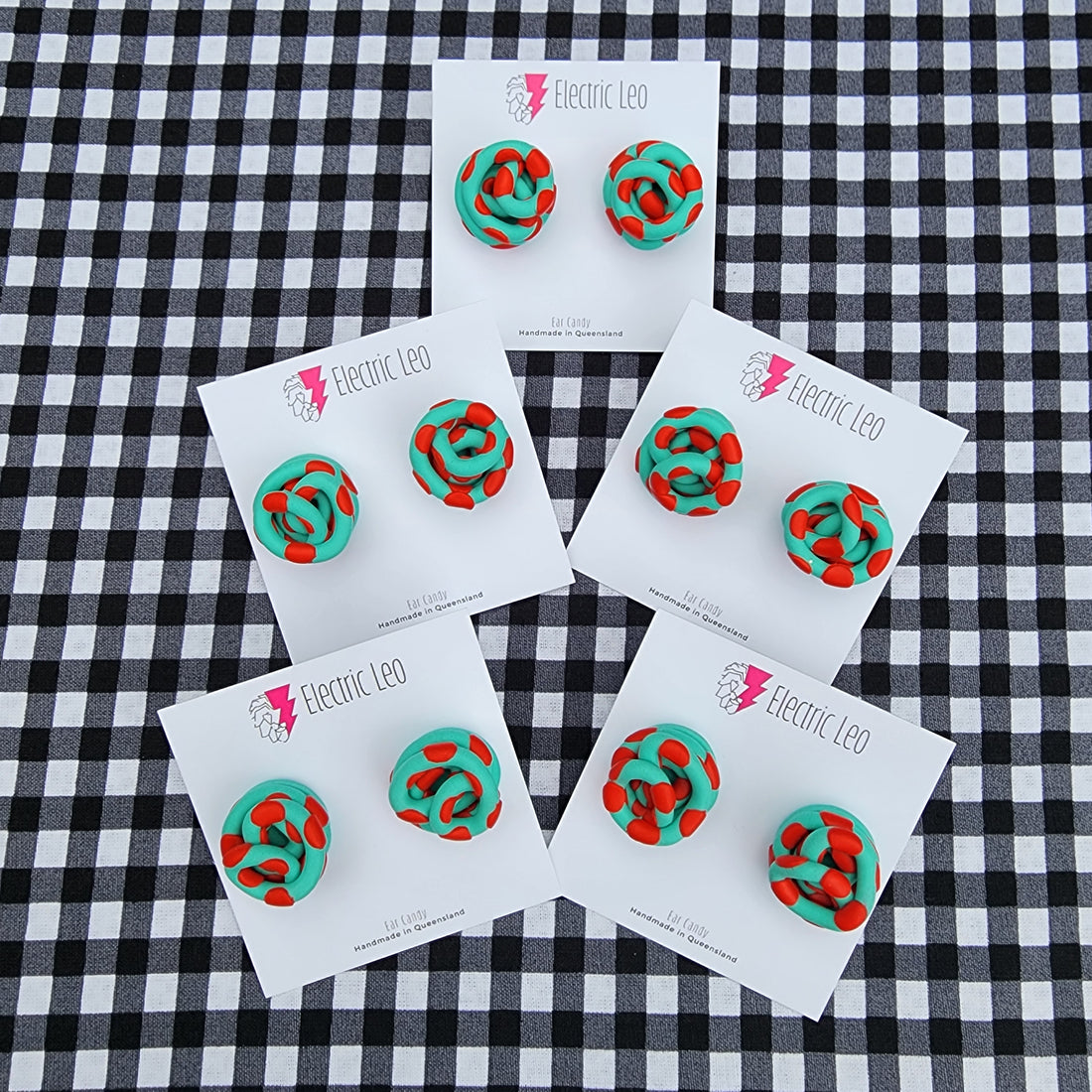 Sea Green and Red Chunky Polka Squiggle Studs