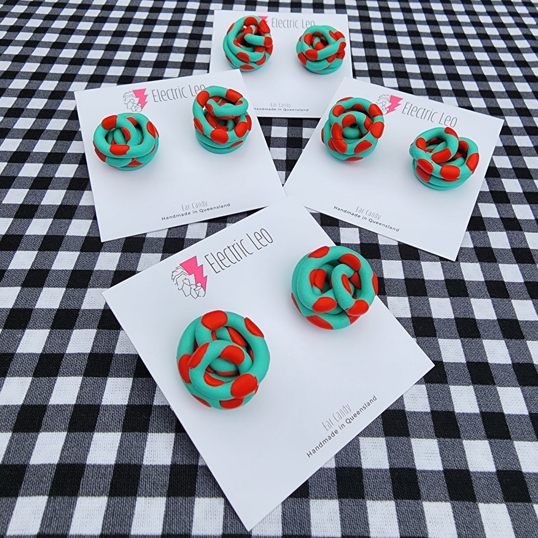 Sea Green and Red Chunky Polka Squiggle Studs