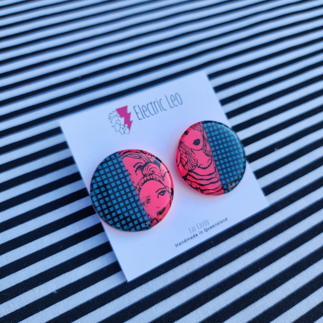 Turquoise and Pink Gridface Ear Candy Studs - 3 cm
