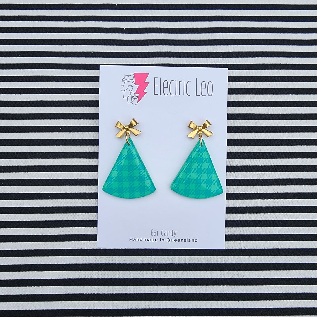 Spring Green and Teal Ghingham Large Fir Tree's - Gold Bow
