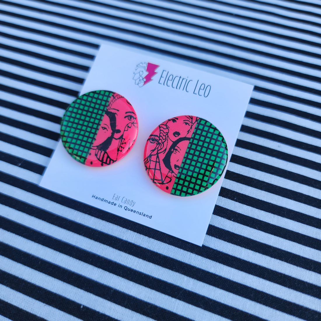 Green and Pink Gridface Ear Candy Studs - 3 cm
