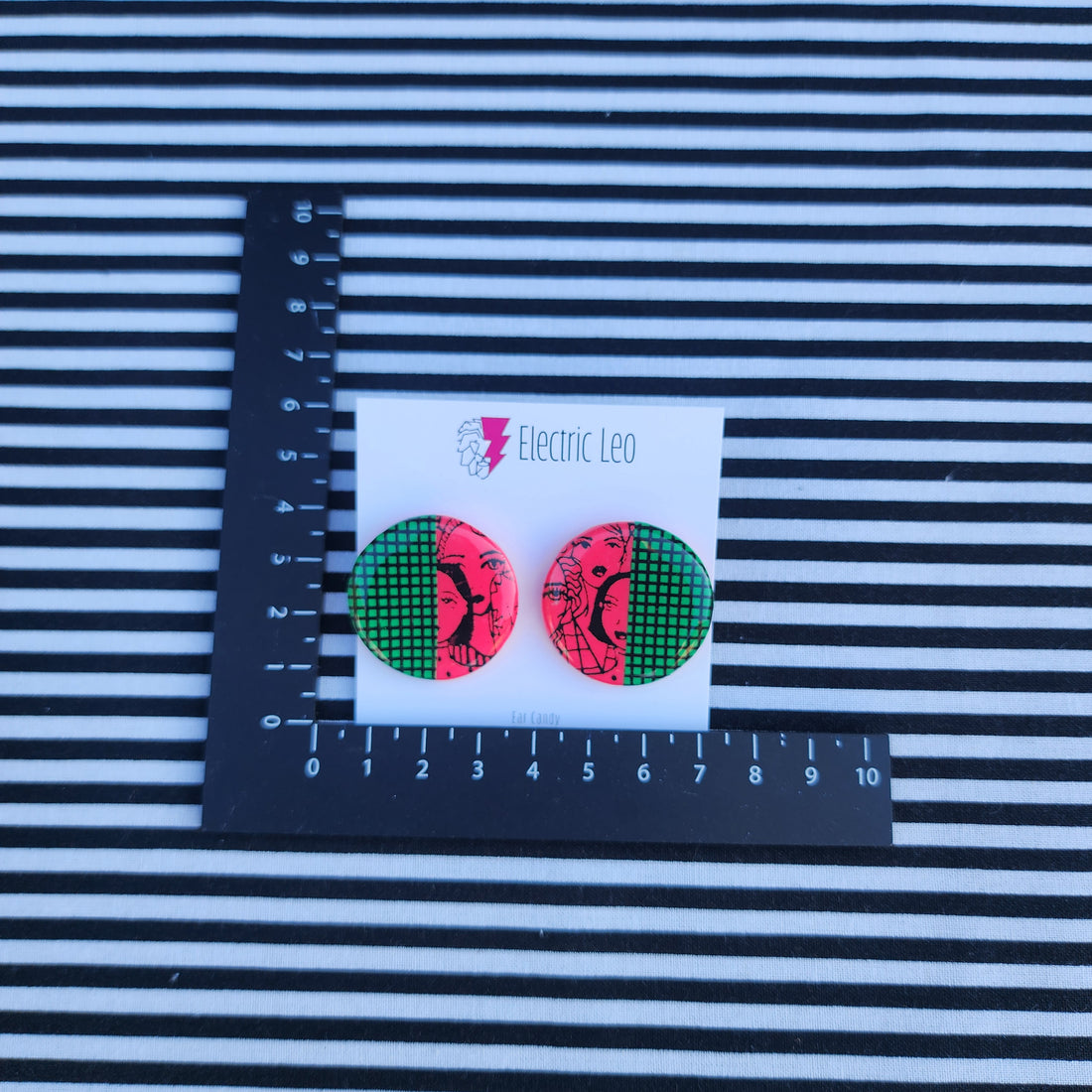 Green and Pink Gridface Ear Candy Studs - 3 cm