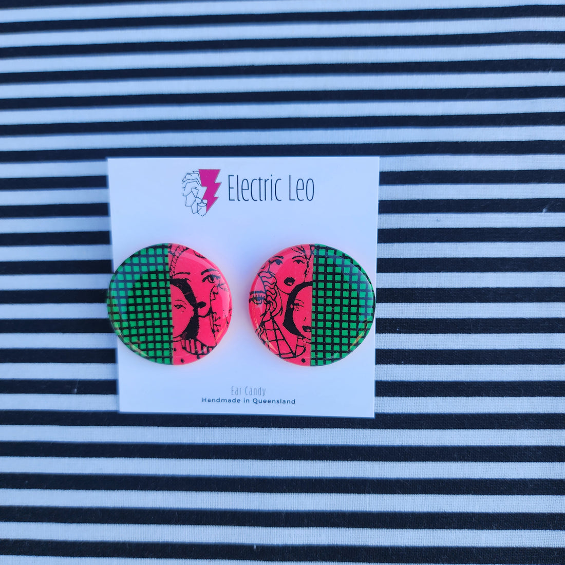 Green and Pink Gridface Ear Candy Studs - 3 cm