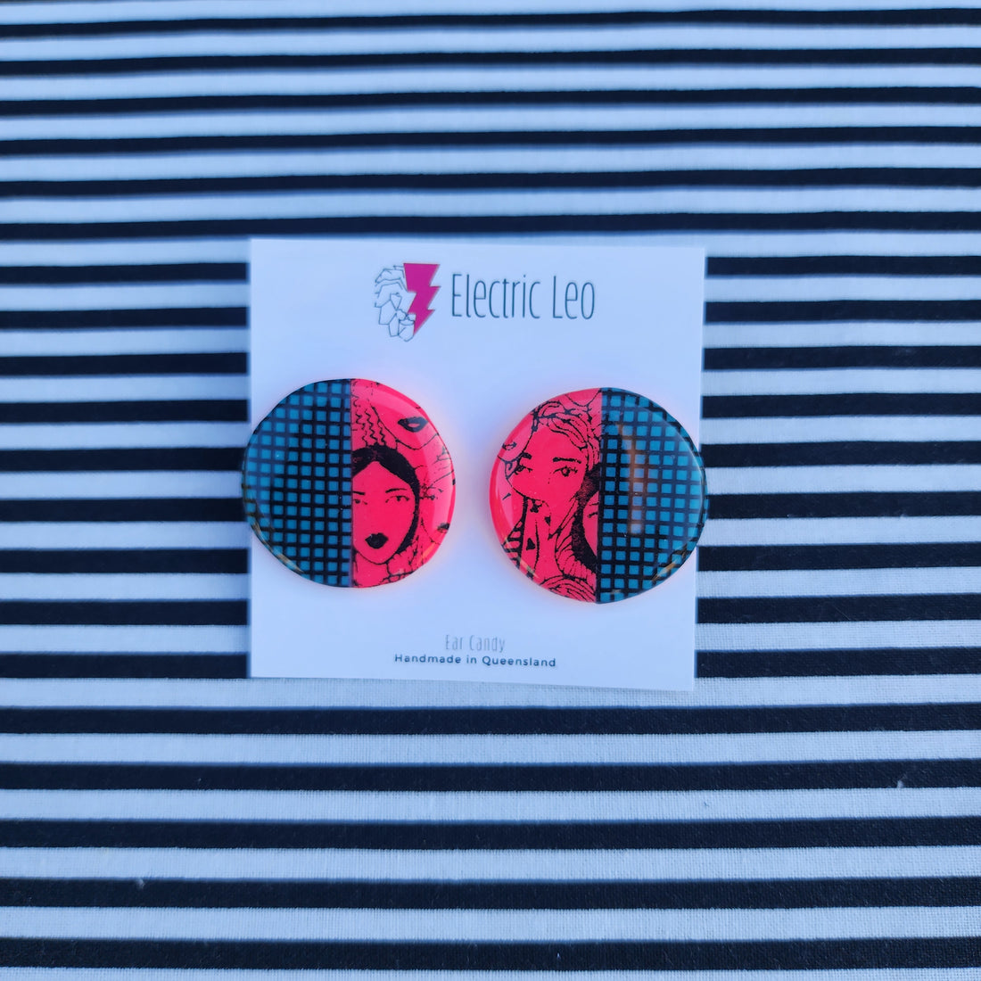 Turquoise and Pink Gridface Ear Candy Studs - 3 cm